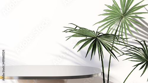 White round steel side table with green tropical plant leaves with beautiful sun light and shadow. 3D render product display background for nature  organic  spa  health  cosmetic and beauty.