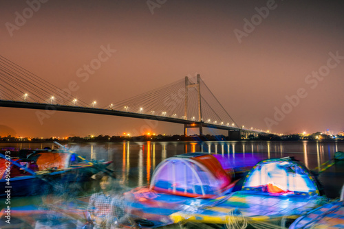 Vidyasagar Setu is the longest cable-stayed bridge and the second on Hooghly River at the dusk time in Kolkata, West Bengal, India. photo