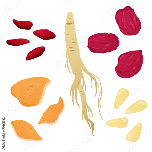 Various medicinal foods. These are pine nuts, mandarin orange peels, jujubes, ginseng, and Wolfberry.