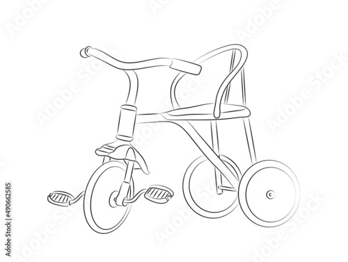 Children's tricycle close-up. Biking is favorite summer activity for young children. Black silhouette isolated on white background. Sketch, linear drawing in minimalist style