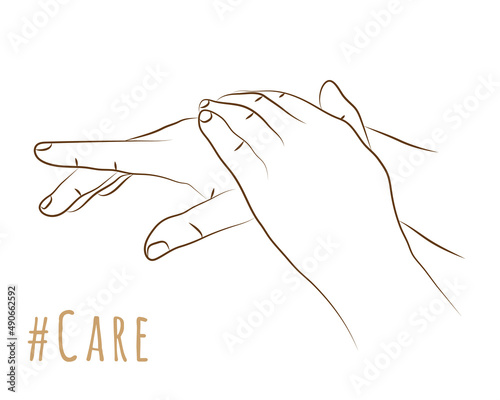 Two female hands in realistic gesture of stroking, rubbing and applying to skin moisturizing cream. Hands skincare concept. Care product, skin nutrition, protection of hands. Sketch, linear drawing