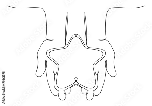 Star lies on palms of human hands. One continuous line drawing. Sketch, linear drawing. Expression of feelings, gratitude, reward for a good deed. Core human values. Charity and donation concept