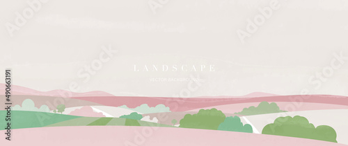 Abstract landscape background in minimalist. Pastel tone watercolor texture with panorama green field, trees and road. Minimalist wallpaper good for wall art, decoration, design, print, and poster.