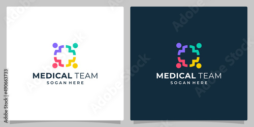 Healthcare logo with plus sign and person sign shape. Logo team medic with colorful light and dark variation logo icon design. Premium vector