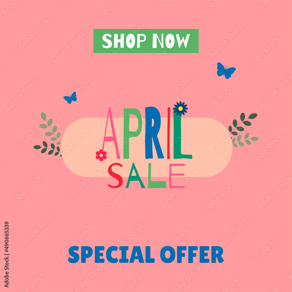 April sale banner with decorative elements. Spring special offer. Template for promo, marketing, advertising. Flat vector illustration April sale banner with decorative elements. Spring special offer. Template for promo, marketing, advertising. Flat vector illustration