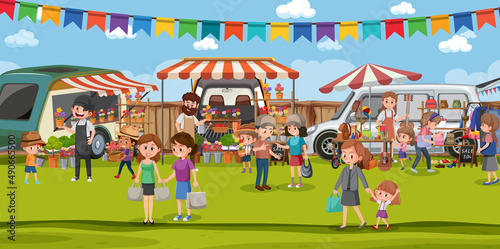 Flea market scene in cartoon style