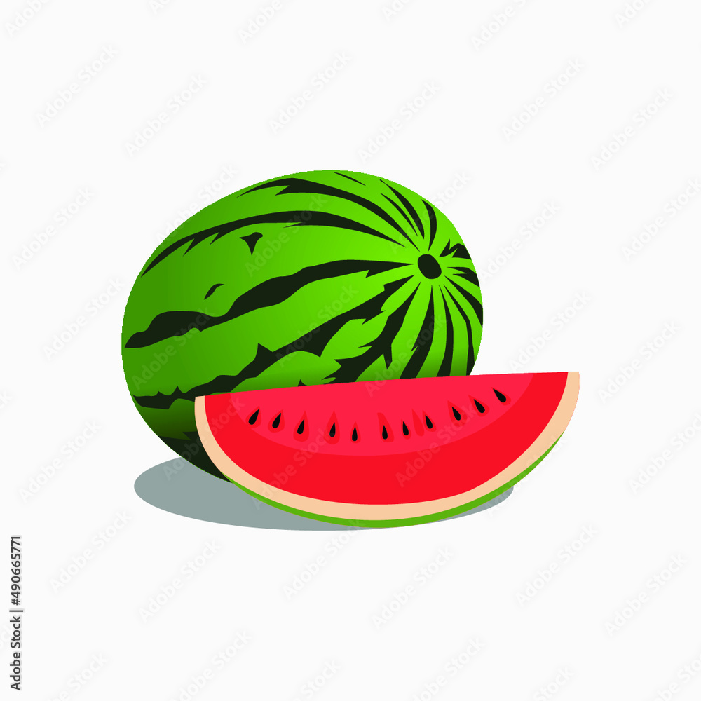 Vector illustration Cartoon slice watermelon. Green striped berry with red pulp and brown bones, cut and chopped fruit, half and sliced on white background Vector illustration Cartoon slice watermelon. Green striped berry with red pulp and brown bones, cut and chopped fruit, half and sliced on white background