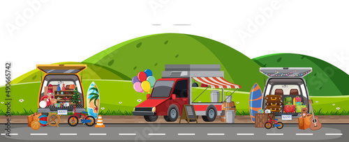 Flea market scene on white background