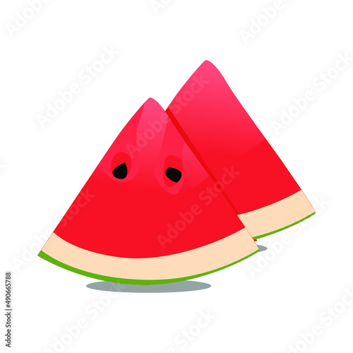 Vector illustration Cartoon slice watermelon. Green striped berry with red pulp and brown bones, cut and chopped fruit, half and sliced on white background