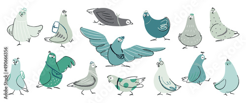 Set of cute pigeon vector. Lovely bird and friendly pigeon doodle pattern in different poses and clothes with flat color. Adorable funny animal characters hand drawn collection on white background. photo