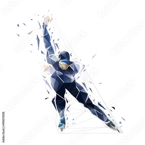 Speedskating low poly logo, front view of geometric male speed skater, isolated polygonal vector illustration from triangles. Winter sport athlete