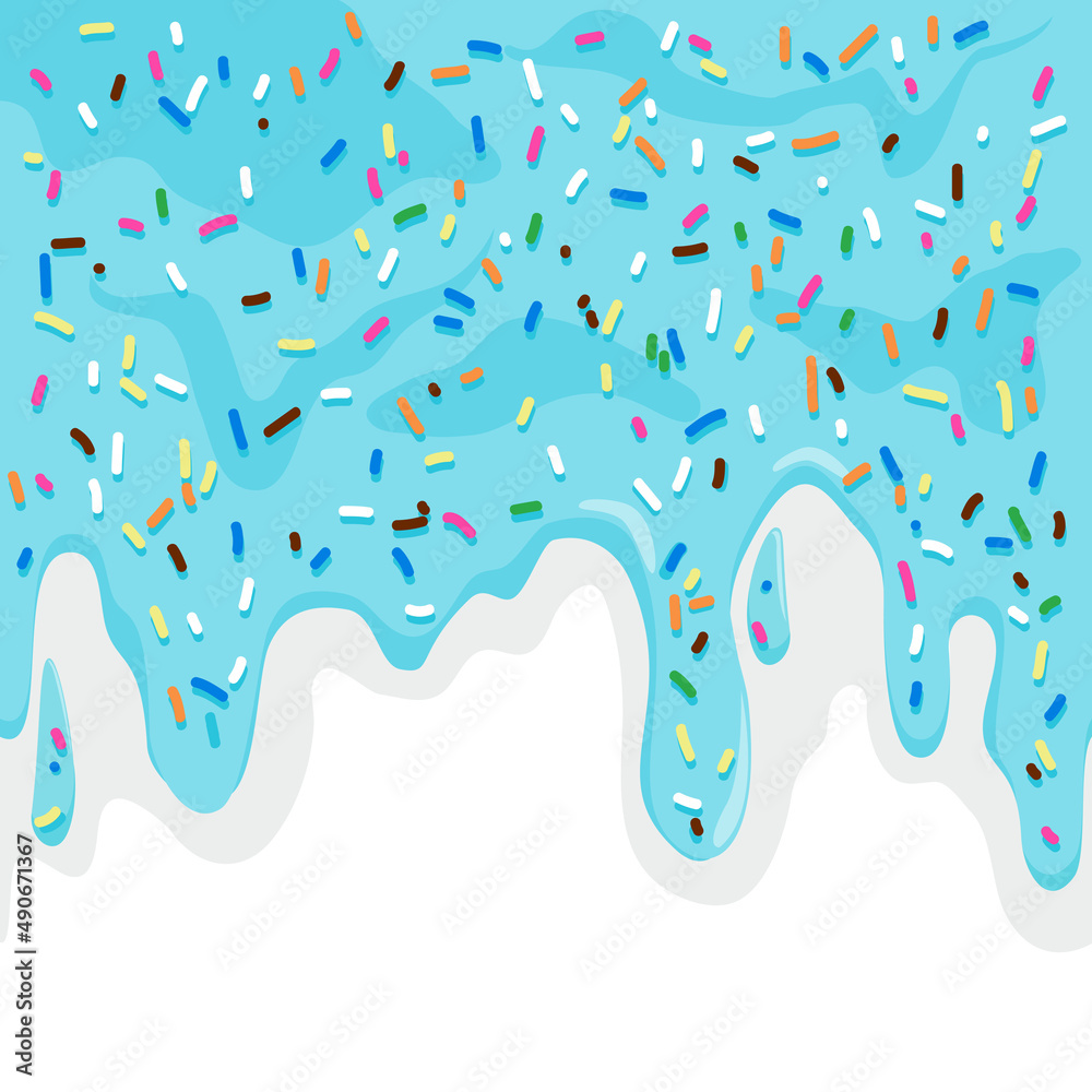 Ice cream background with blue frosting with colorful sprinkles. Vector