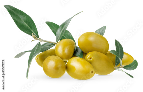 Fototapeta Heap of green olives with branch isolated on white background with clipping path