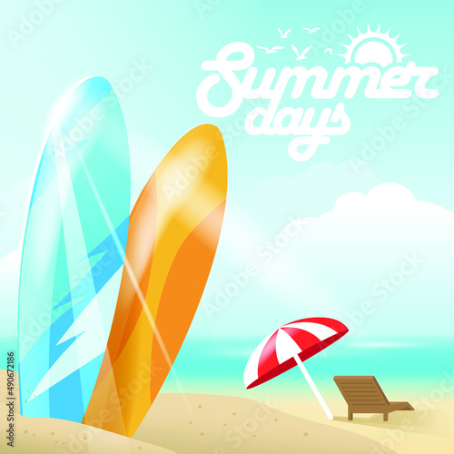 The concept of a postcard on a summer theme with summer attributes. Beach vacation, sea, umbrella, chaise lounge, surfboard. Vector illustration