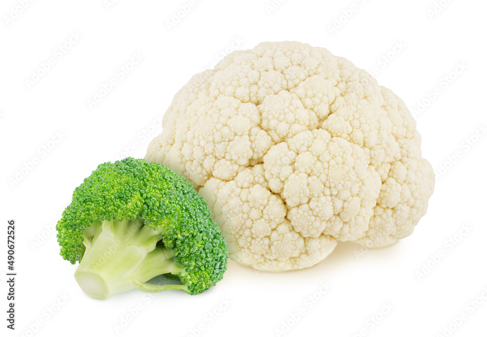 Composition with fresh whole cauliflower with broccoli isolated on a white background. Composition with fresh whole cauliflower with broccoli isolated on a white background.