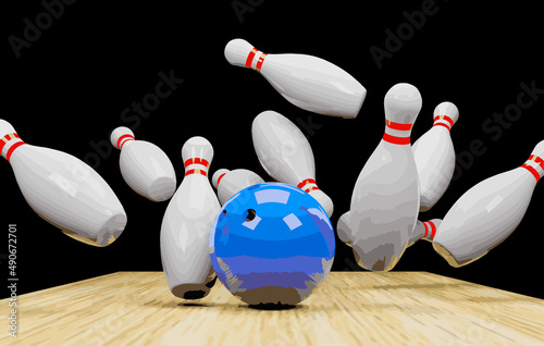 Bowling strike with skittles and a ball.Vector illustration.