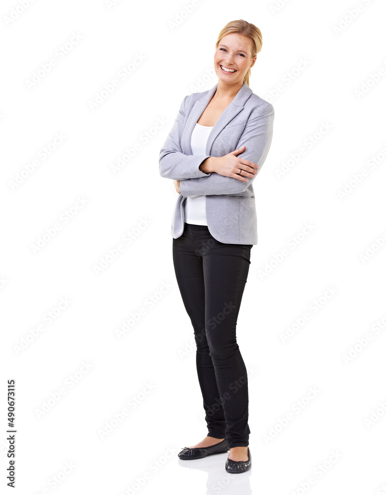 Smart casual style. A beautiful woman standing and smiling - studio shot. Smart casual style. A beautiful woman standing and smiling - studio shot.
