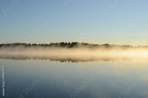 Forest lake in early morning. Morning fog over water on river. Natural backdrop for relaxation and meditation. Nature landscape of forest lake
