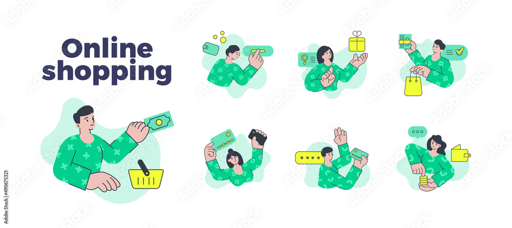 Fototapeta premium Collection people shopaholic shopping goods online digital store vector flat illustration. Set man and woman customers enjoying internet shopaholism paying card and cash, counting money