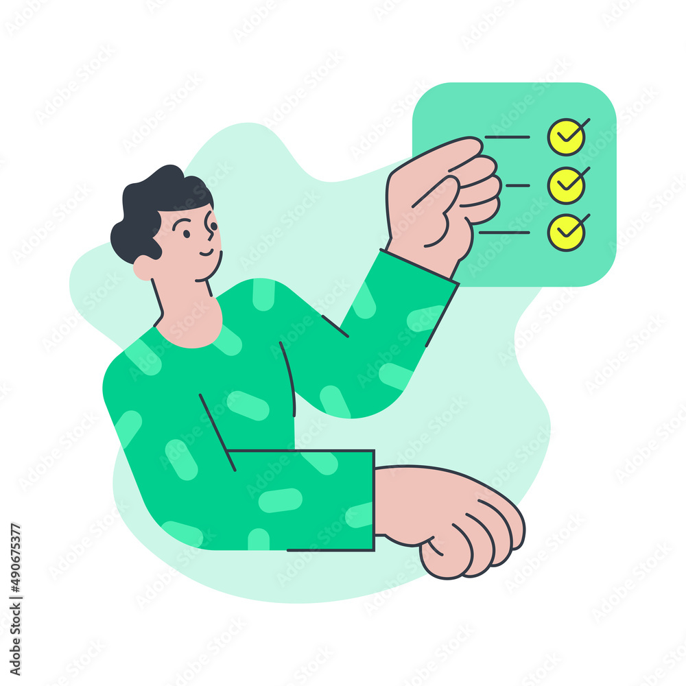 Male making checklist with complete tasks and checkmarks vector flat illustration. Checking business to do list success, questionnaire checkbox isolated. Minimalist man character big limbs style Male making checklist with complete tasks and checkmarks vector flat illustration. Checking business to do list success, questionnaire checkbox isolated. Minimalist man character big limbs style
