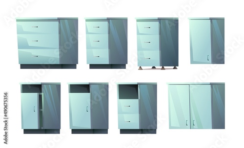 Set of kitchen cabinets with drawers. Floor and wall. With doors and niches. Cartoon style. Object isolated on white background. Vector