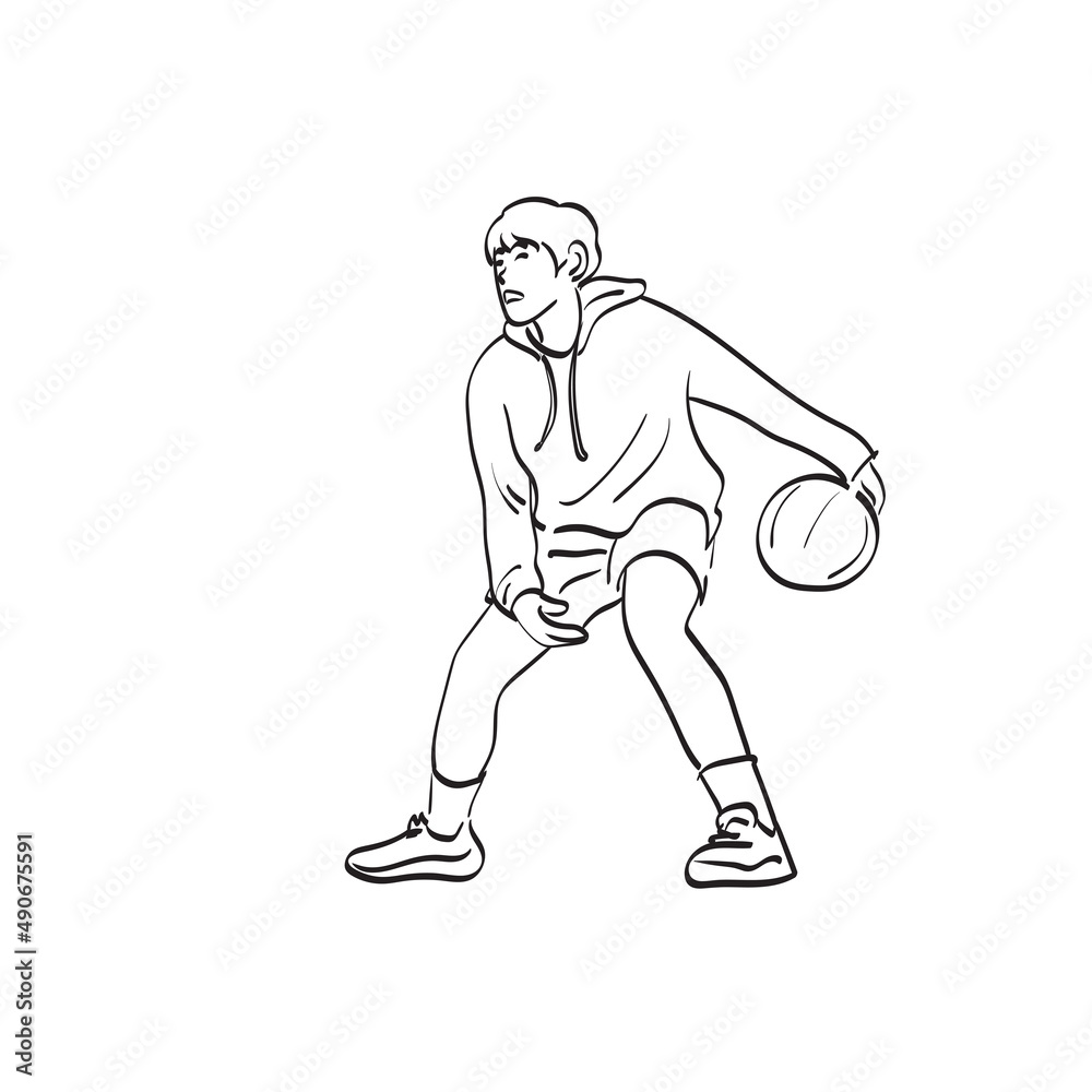 line art male street basketball player with ball illustration vector hand drawn isolated on white background