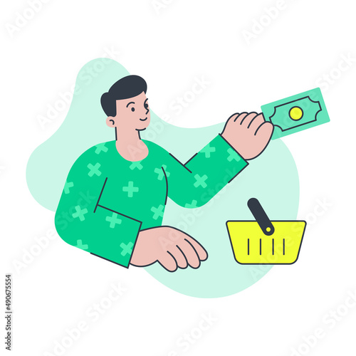 Minimalist male customer buying grocery goods with shopping cart paying cash vector flat illustration. Man buyer enjoy purchase pay money dollar at supermarket isolated. Big limbs style