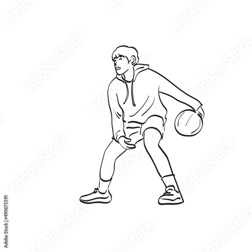 Fototapeta Naklejka Na Ścianę i Meble -  line art male street basketball player with ball illustration vector hand drawn isolated on white background