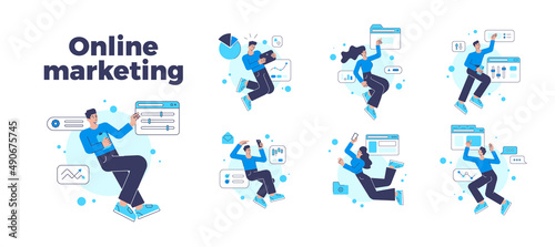Collection people online marketing strategy development  analyzing market  statistic branding promotion vector flat illustration. Man and woman internet management campaign digital service isolated