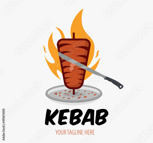 Creative Doner kebab logo with flame element. Shawarma emblem. Turkish fast food restaurant, barbecue cafe or grill bar symbol of skewer or rotating spit with grilled meat.