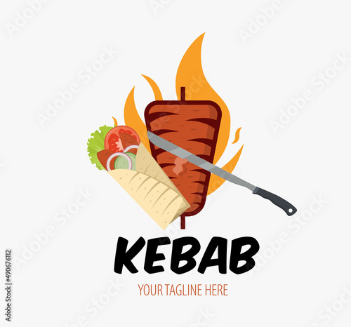 Creative Doner kebab logo with flame element. Shawarma emblem. Turkish fast food restaurant, barbecue cafe or grill bar symbol of skewer or rotating spit with grilled meat.