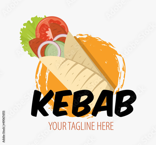 Creative Doner kebab logo. Shawarma emblem. Turkish fast food restaurant, barbecue cafe or grill bar symbol of skewer or rotating spit with grilled meat.