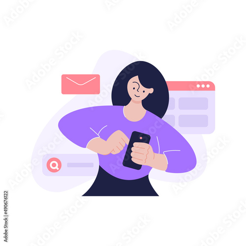 Minimalist woman chatting online application remotely communication service use smartphone vector flat illustration. Modern female texting message internet browsing email on mobile phone