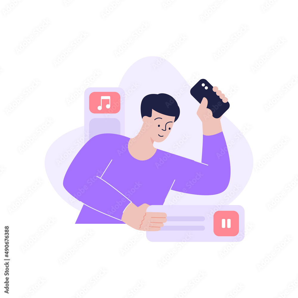 Modern man enjoying multimedia content at social networks use smartphone vector flat illustration. Male use watching video, listening music on helpful application mobile phone internet service Modern man enjoying multimedia content at social networks use smartphone vector flat illustration. Male use watching video, listening music on helpful application mobile phone internet service