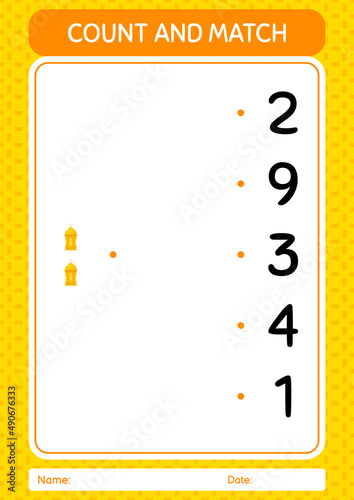 Count and match game with arabic lantern. worksheet for preschool kids, kids activity sheet