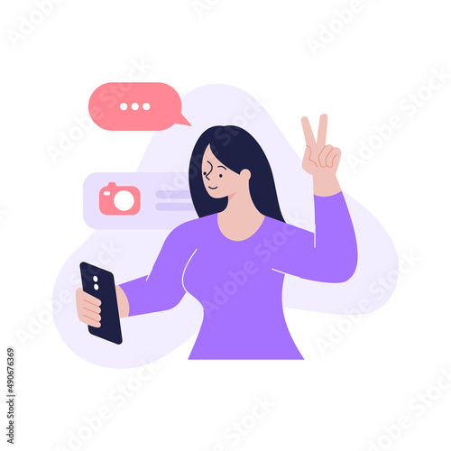 Woman talking online video call posing taking selfie use camera smartphone vector flat illustration. Female user chatting remotely internet conference or photographing for social networks isolated
