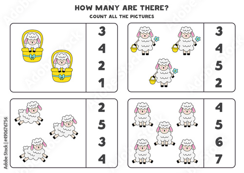 Counting game with Easter lambs. Educational worksheet.