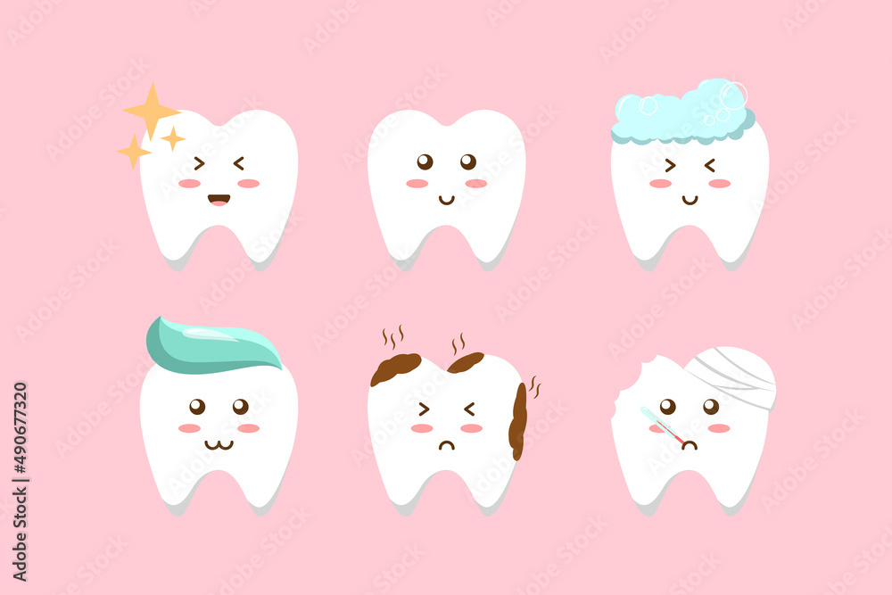 set of shining, dirty, sick, and clean cute tooth icon vector illustration
