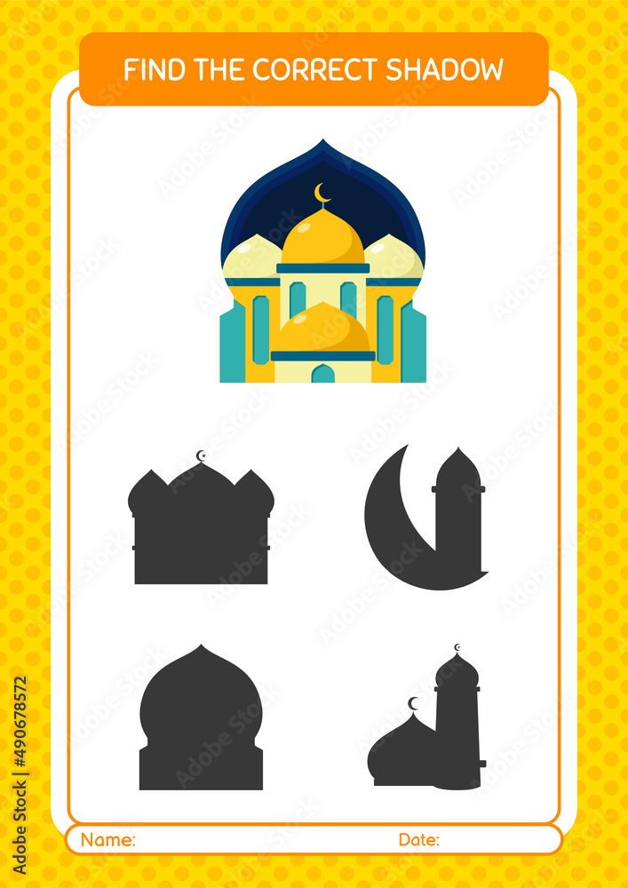 Find the correct shadows game with mosque. worksheet for preschool kids, kids activity sheet