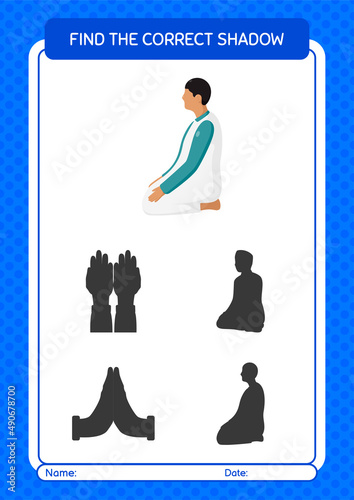 Find the correct shadows game with praying. worksheet for preschool kids, kids activity sheet
