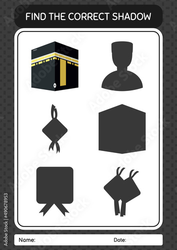 Find the correct shadows game with kaaba. worksheet for preschool kids, kids activity sheet