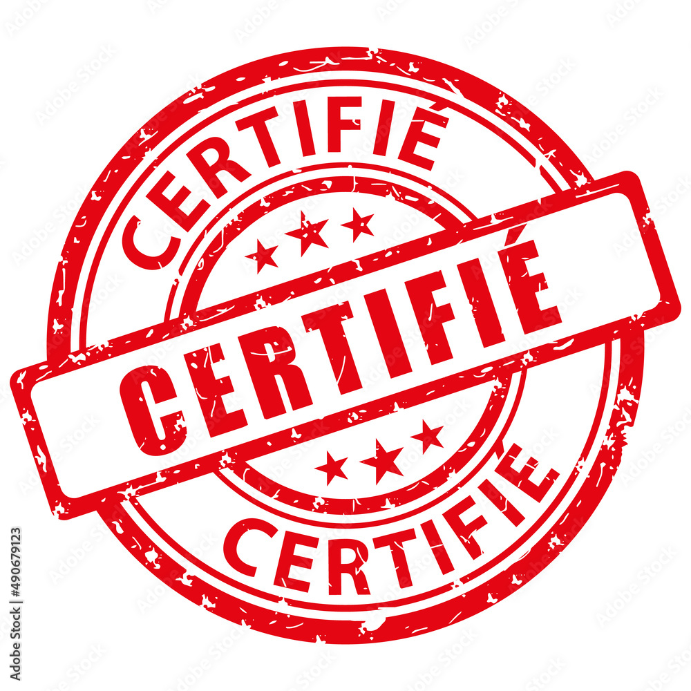 Tampon rouge certifié en français. Icône vectoriel.