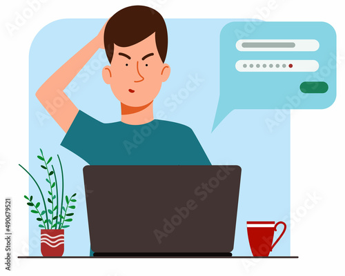 The concept of a man thinking behind a laptop. Forgot your password and account login for the web page. Flat vector illustration.