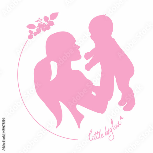 Rose silhouette of mother with a baby. Modern minimalistic vector illustration.