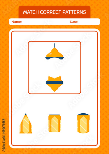 Match pattern game with arabic lantern. worksheet for preschool kids, kids activity sheet