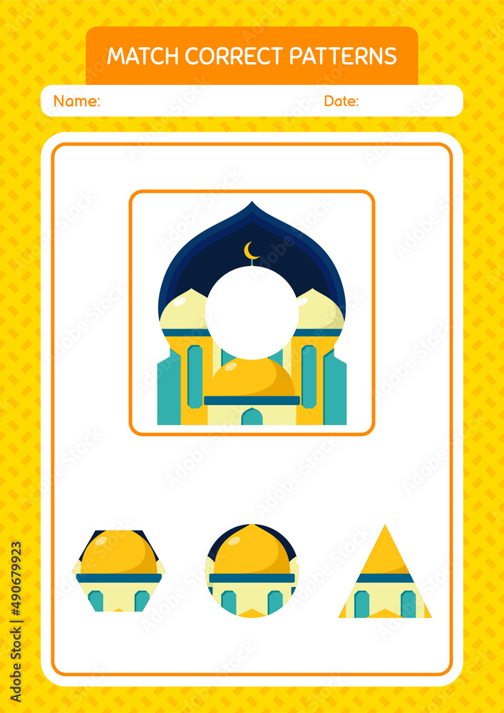 Match pattern game with mosque. worksheet for preschool kids, kids activity sheet