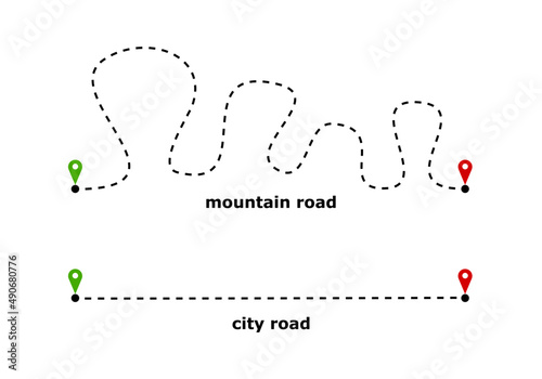Route line with location mark map pin travel mountain road and city road flat vector icon design.