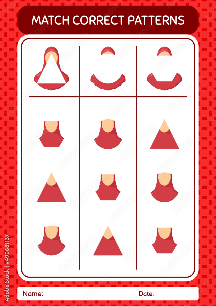 Match pattern game with female moslem. worksheet for preschool kids, kids activity sheet