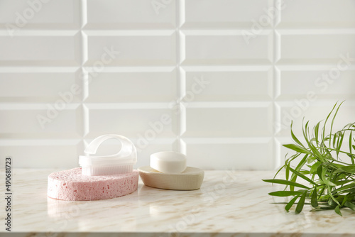 Soap in bathroom and free space for your decoration. 