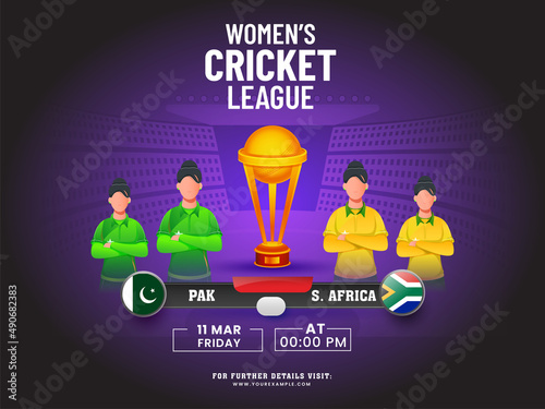 Women's Cricket Match Between Pakistan VS South Africa With Faceless Female Players, 3D Winning Trophy Cup On Purple And Black Stadium Background.